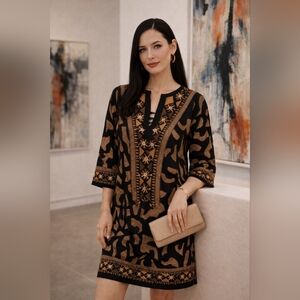 Soft Surroundings NWT Black Brown Embroidered Boho Tunic Dress PS